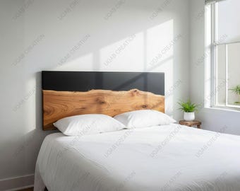 Handmade Wood and Black Epoxy Resin King Size Bed Headboard: Modern Rustic