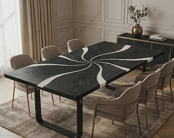 Luxury White Epoxy Dining Table Burned Charcoal Wood Handmade Modern Furniture
