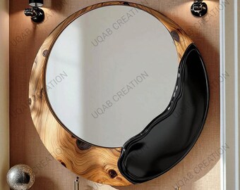 Handcrafted Wooden & Black Epoxy Resin Round Wall Mirror Frame: Modern Rustic Home Decor
