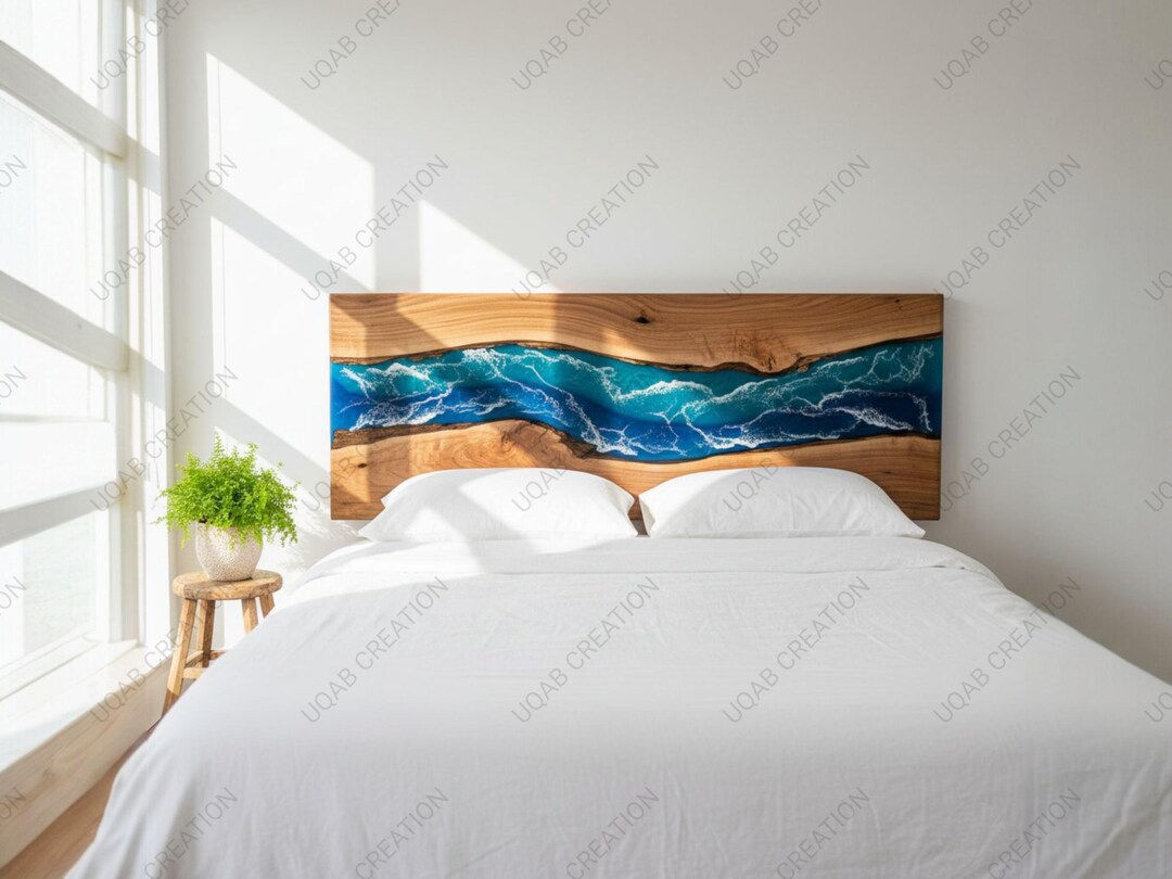 Handmade Wood and Blue Epoxy Ocean Waves Bed Headboard | Coastal ...