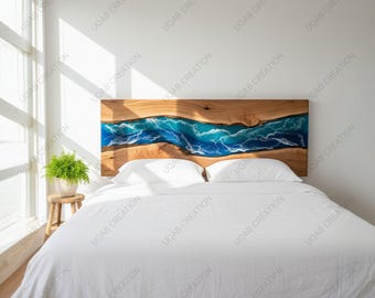 Handmade Wood and Blue Epoxy Ocean Waves Bed Headboard | Coastal Bedroom Decor