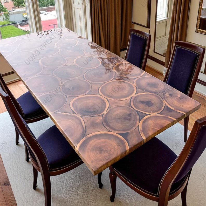 Puede incluir: Una mesa de comedor rectangular de madera con un dise&ntilde;o &uacute;nico con patrones circulares de vetas de madera. La mesa est&aacute; rodeada por seis sillas de madera oscura con asientos tapizados en azul marino. La habitaci&oacute;n est&aacute; bien iluminada con grandes ventanas y cortinas marrones.