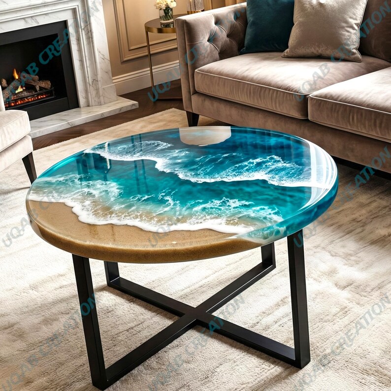 Coastal Ocean Wave Epoxy Resin Round Coffee Table | Handmade Wood ...