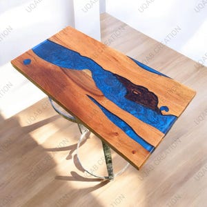 Handcrafted Blue Metallic Epoxy Resin Dining Table: Handmade Rustic Wood Furniture