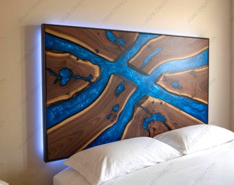 Modern Rustic King Size Bed Headboard – Handmade Blue Metallic Wall Panel