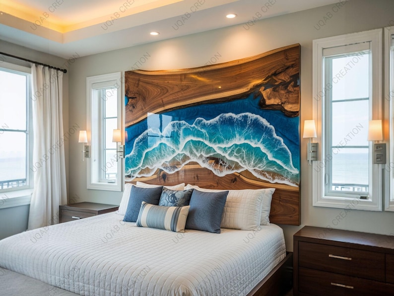 Handcrafted Ocean Waves Epoxy Resin Live Edge Headboard – Modern Rustic ...