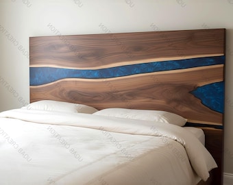 Handmade Wooden and Blue Metallic Epoxy Resin Bed Headboard - Custom Rustic Furniture