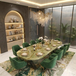 Luxury Green Onyx Marble Oval Dining Table | Handmade Natural Stone Dining Furniture