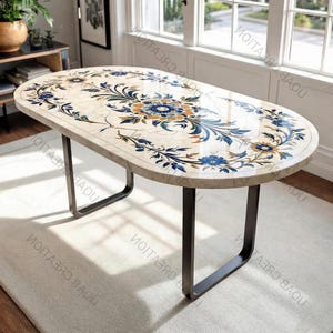 Mesa de jantar oval artesanal em mármore branco: Incrustações em Pietra Dura