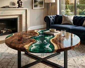 Green Epoxy Resin Ocean Wave Coffee Table Round Solid Wood Handmade Modern Rustic