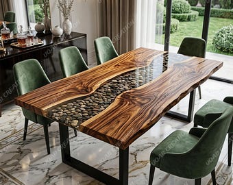 Mesa de comedor rústica de lujo con borde natural, hecha a mano, con acabado de piedra de río y resina epoxi / madera maciza.