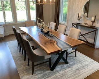 Handcrafted Gray Epoxy Resin Live Edge Wood Dining Table – Modern Rustic Decor