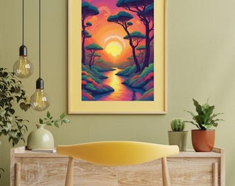 Wall Art Print bos – poster rustige natuur – minimalistische groene boom digitale download – decor rustig landschap