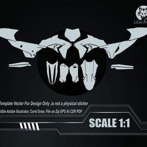 Può includere: Un modello vettoriale bianco per la progettazione di un veicolo, su sfondo nero. Il design presenta i contorni di diverse parti, con il testo "SCALE 1:1" e "This Template Vector For Design Only, is not a physical sticker".