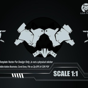May include: A digital design template vector in light gray on a black background. The design includes a central geometric shape with symmetrical elements and text that reads "SCALE 1:1". The text also states the design is compatible with Adobe Illustrator and Corel Draw.