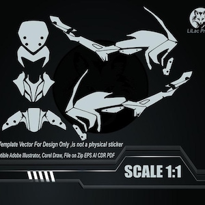 Puede incluir: Una plantilla de diseño digital en blanco sobre fondo negro. La plantilla incluye varias formas geométricas y el texto "SCALE 1:1". También está presente el texto "This Template Vector For Design Only, is not a physical sticker".