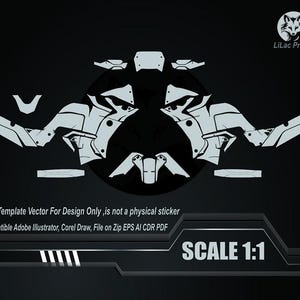 Op de afbeelding: Een digitaal ontwerpsjabloon voor een voertuig, weergegeven in wit tegen een zwarte achtergrond. De sjabloon bevat verschillende geometrische vormen en contouren, met de tekst "SCALE 1:1" en "LiLac Project". De tekst "This Template Vector For Design Only" is ook zichtbaar.