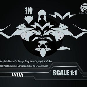 May include: A vector design template in white against a black background. The design is composed of various geometric shapes and lines, with the text "SCALE 1:1" at the bottom. The text "This Template Vector For Design Only, is not a physical sticker" is also present.