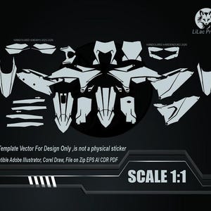Puede incluir: Un vector de plantilla digital para diseño de motocicletas, con varios elementos gráficos blancos sobre fondo negro. El diseño incluye el texto "HANDGUARD SIXDAYS 2005-2020" y "HANDGUARD HARDENDURO 2020". La escala es 1:1.