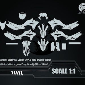 Op de afbeelding: Een motorfietsontwerpsjabloon in wit op een zwarte achtergrond, met verschillende componentcontouren. De afbeelding bevat de tekst "TYPE R", "Lilac Project" en "SCALE 1:1". De tekst geeft ook aan dat de sjabloon alleen bedoeld is voor ontwerp en compatibel is met Adobe Illustrator en Corel Draw.