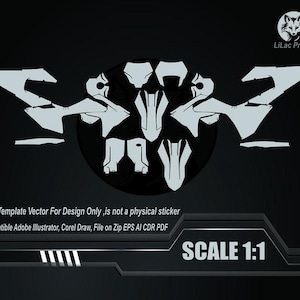 May include: A digital design template in light gray, featuring abstract shapes and a central circular design, set against a black background. Text includes "SCALE 1:1" and information about file compatibility with design software. The Lilac Project logo is in the upper right corner.