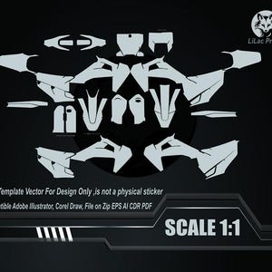 以下が含まれることがあります： 黒い背景に白いテンプレートベクターデザイン。さまざまな幾何学的な形状とアウトラインで構成されています。下部のテキストは「This Template Vector For Design Only, is not a physical sticker」と表示されています。スケールは1：1です。デザインはデザイン目的のみです。