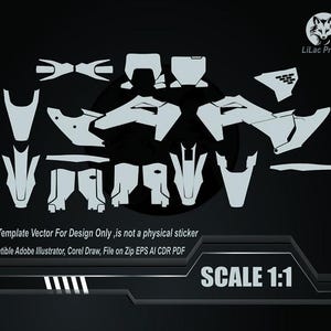 May include: A black graphic with white motorcycle template vector designs. The image includes the text "This Template Vector For Design Only, is not a physical sticker" and "SCALE 1:1". The Lilac Project logo is in the upper right corner.