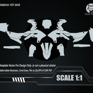 Può includere: Un modello vettoriale per un design di moto Yamaha YZF-2026. Il design è in bianco su sfondo nero, con la scritta "SCALE 1:1". L'immagine include il testo "This Template Vector For Design Only, is not a physical sticker".