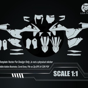 May include: A digital template vector for design, not a physical sticker. The design is in white against a black background, with the text "SCALE 1:1". Compatible with Adobe Illustrator and Corel Draw. The text "LiLac Project" is also visible.