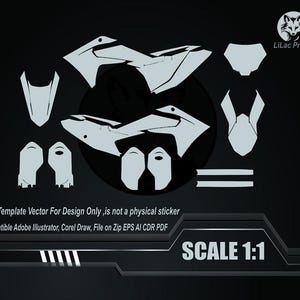 May include: A digital template vector for design, not a physical sticker. The design features motorcycle parts in white against a black background. The image text indicates compatibility with Adobe Illustrator and Corel Draw, and the scale is 1:1.