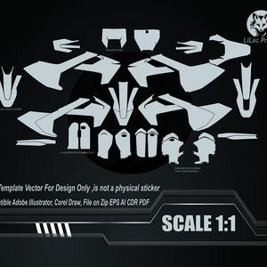 May include: A digital template vector for motorcycle design, with light grey shapes and outlines of motorcycle parts. Text includes "This Template Vector For Design Only" and "SCALE 1:1" on a black background. The Lilac Project logo is in the upper right corner.