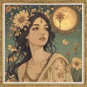 Selene Greek Moon Goddess Cross Stitch Pattern PDF | Greek Deity Embroidery, Art Nouveau Woman with Daisy Flowers and Golden Lunar Circle