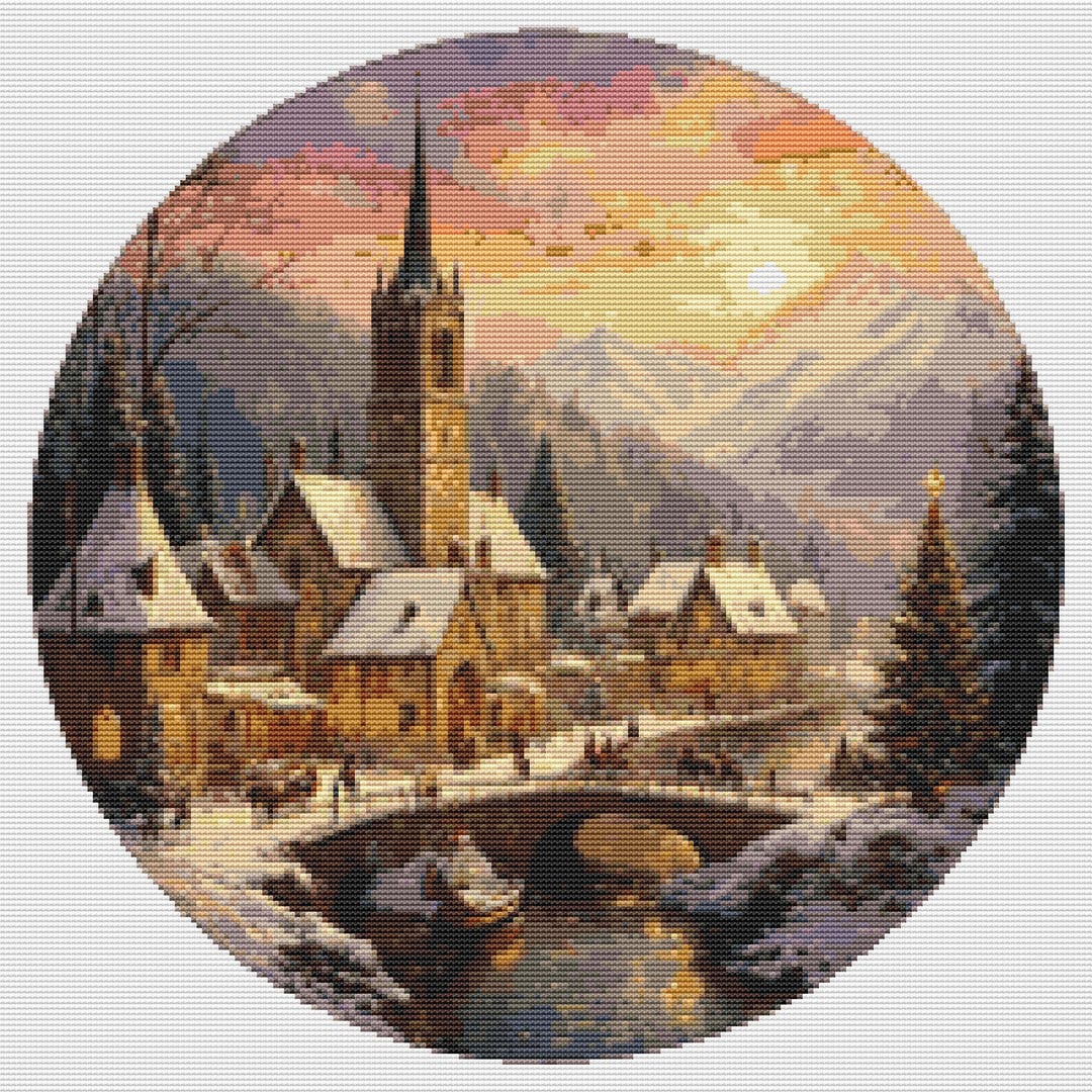 Sunset Winter Village Cross Stitch Pattern | Snowy Church & Bridge ...