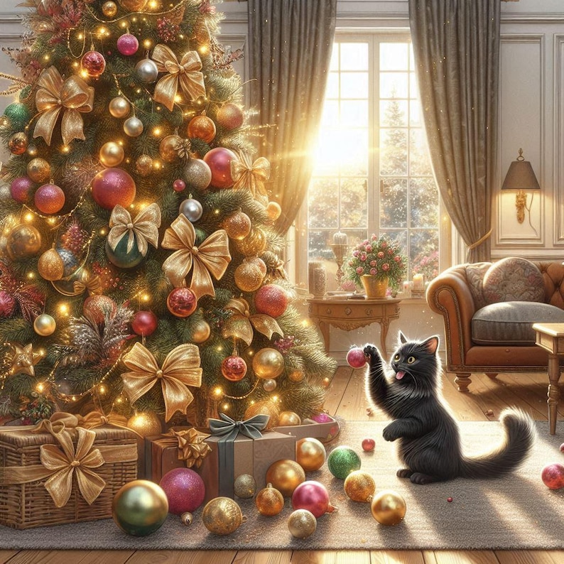 Peut inclure: Un sapin de Noël décoré de nœuds dorés, de boules et de guirlandes lumineuses. Un chat noir joue avec une boule rouge au sol. Des cadeaux sont sous le sapin, dans une ambiance chaleureuse.
