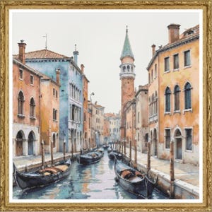 Venice Canal Cross Stitch Pattern – Gondola & Italian City Embroidery PDF – Historic Architecture Needlework Design Instant Download