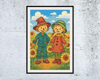 Whimsical Scarecrow Couple Cross Stitch Pattern – Cartoon Summer Sunflower Field Design | PDF Embroidery Chart/ Pattern keeper compatible