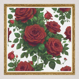 Red Roses Cross Stitch Pattern PDF – Full Bloom Floral Embroidery Design, Romantic Garden Wall Art