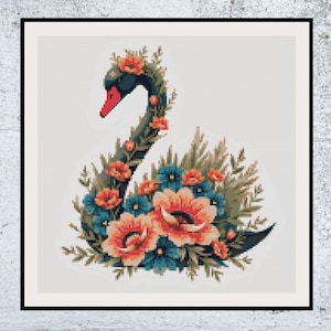 Elegant Black Swan Cross Stitch Pattern – Floral Embroidery Design PDF, Graceful Bird with Flowers, Modern Nature Decor, Instant Download