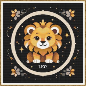 Whimsical Zodiac Sign Leo (Big) Cross Stitch Pattern | Cute Astrology Sign Needlepoint Chart | Modern Constellation Embroidery Design PDF
