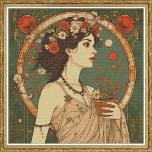 Gaia Greek Goddess Cross Stitch Pattern PDF | Goddess of Earth, Nature, Flowers, Deity Woman Greek Mythology Embroidery Design Digital PDF
