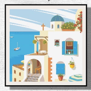 Aegean Coastal Cross Stitch PDF – Greek White Houses, Ocean Scene & Boats, Classic Architecture – Digital Pattern Download