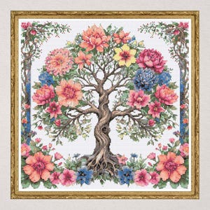 Floral Tree of Life Cross Stitch Pattern – Colorful Botanical PDF Chart, Modern Embroidery Design, Symbolic Nature Stitch, Instant Download