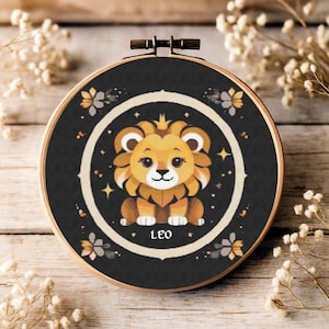 Whimsical Zodiac Sign Leo(smaller) Cross Stitch Pattern | Cute Astrology Sign Needlepoint Chart | Modern Constellation Embroidery Design PDF