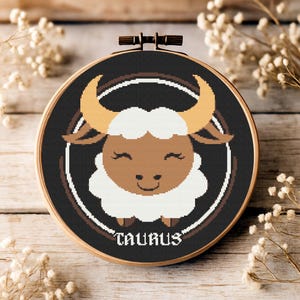 Whimsical Zodiac Sign Taurus Cross Stitch Pattern | Cute Astrology Sign Needlepoint Chart | Modern Constellation Embroidery Design PDF