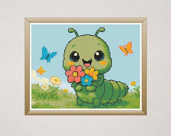 Caterpillar Cross Stitch Pattern PDF – Kawaii Bug with Flowers – Cute Spring Embroidery Design for Kids Room, Nursery Decor