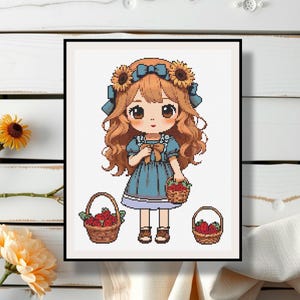 Cute Strawberry Girl Cross Stitch Pattern PDF – Sweet Pink-Haired Girl with Baskets of Strawberries, Instant Download Modern Embroidery