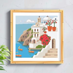 Santorini-Inspired Coastal Scene Cross Stitch Pattern – Greek Island Architecture, Sea View & Bougainvillea – Digital Embroidery PDF