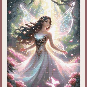 Flower Fairy Cross Stitch Pattern – Woodland Fairy PDF – Fantasy Embroidery Design – Enchanted Forest Art – Pink Petal Dress Chart