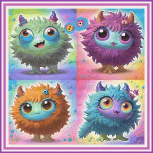 Cute Cartoon Monsters Cross Stitch Pattern – Fun Kid’s Room Decor – Beginner PDF Embroidery Design – Colorful Silly Creature Pattern