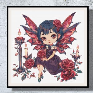 Gothic Fairy Cross Stitch Pattern PDF – Dark Fantasy Embroidery Design with Roses & Candles – Purple and Red Needlework Art DIY XStitch
